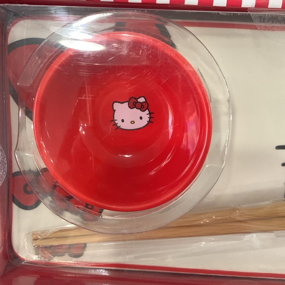 New Hello Kitty Red Japanese Sushi Ceramic Plate Set With Chopsticks By Sanrio - Picture 3 of 8